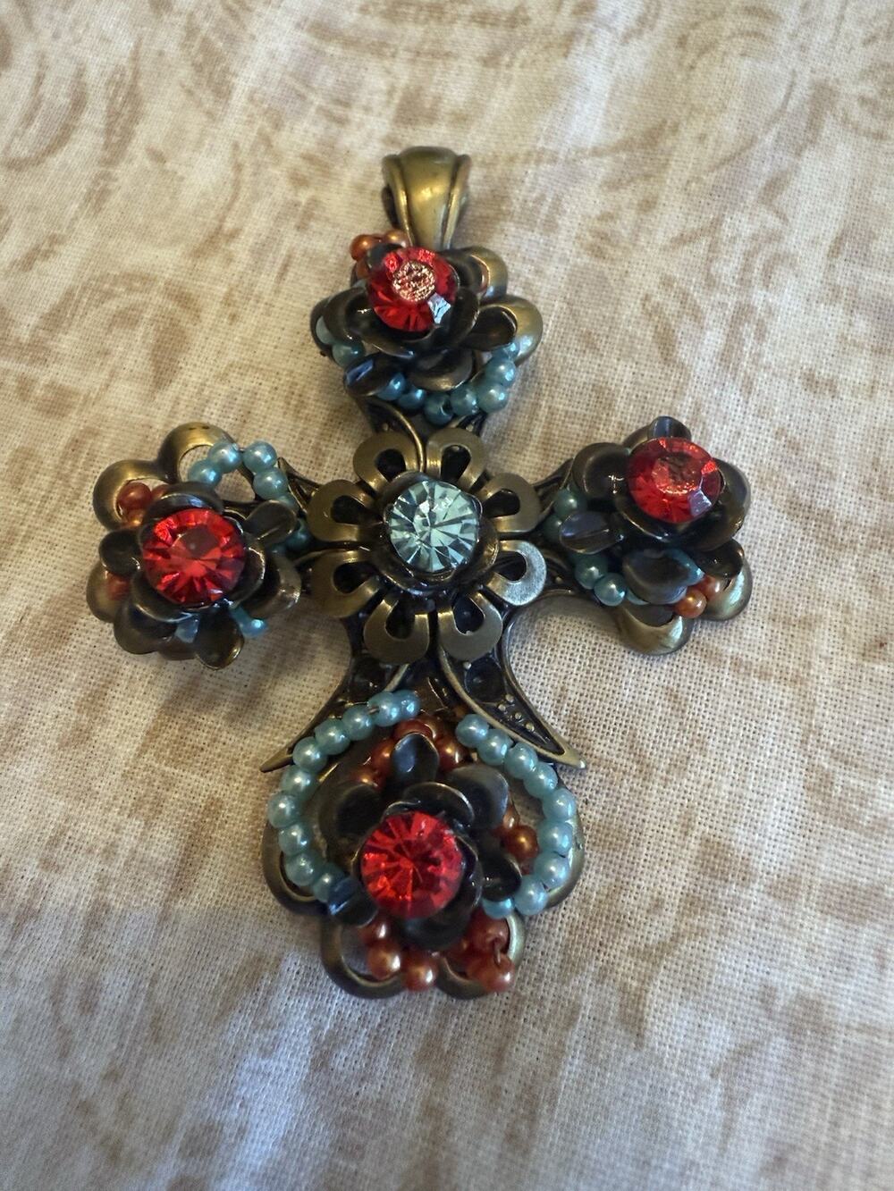 Large 2.5" Rhinestones Multicolored Beaded Statement Cross Pendant Hinged Bail